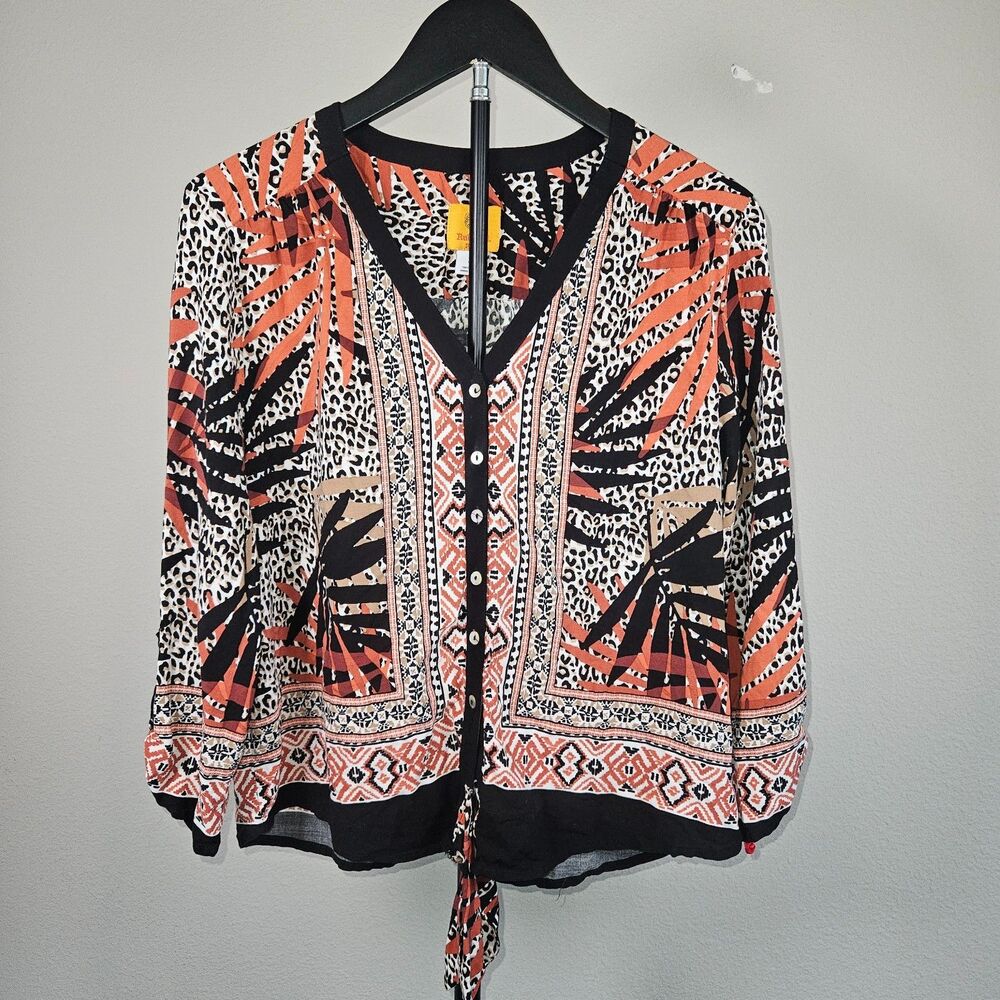 Ruby Rd Blouse Womens PL Boho Tribal Animal Print Tie Front Button 3/4 Slv Top